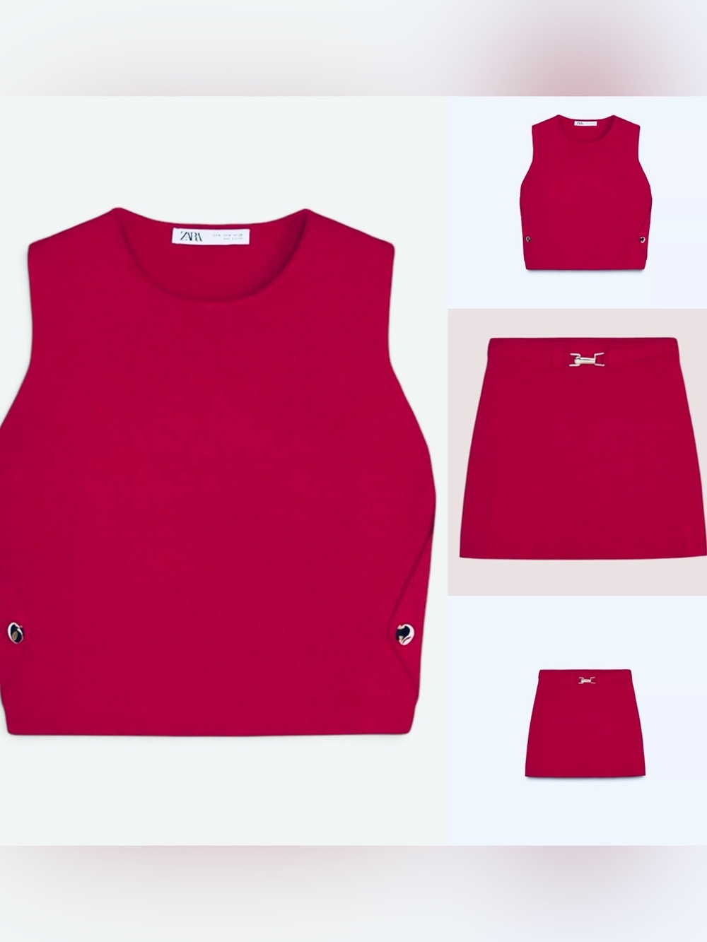Zara Red Knit Shell Top with Gold Buttons & Matching Skirt &Belt Belt with Gold